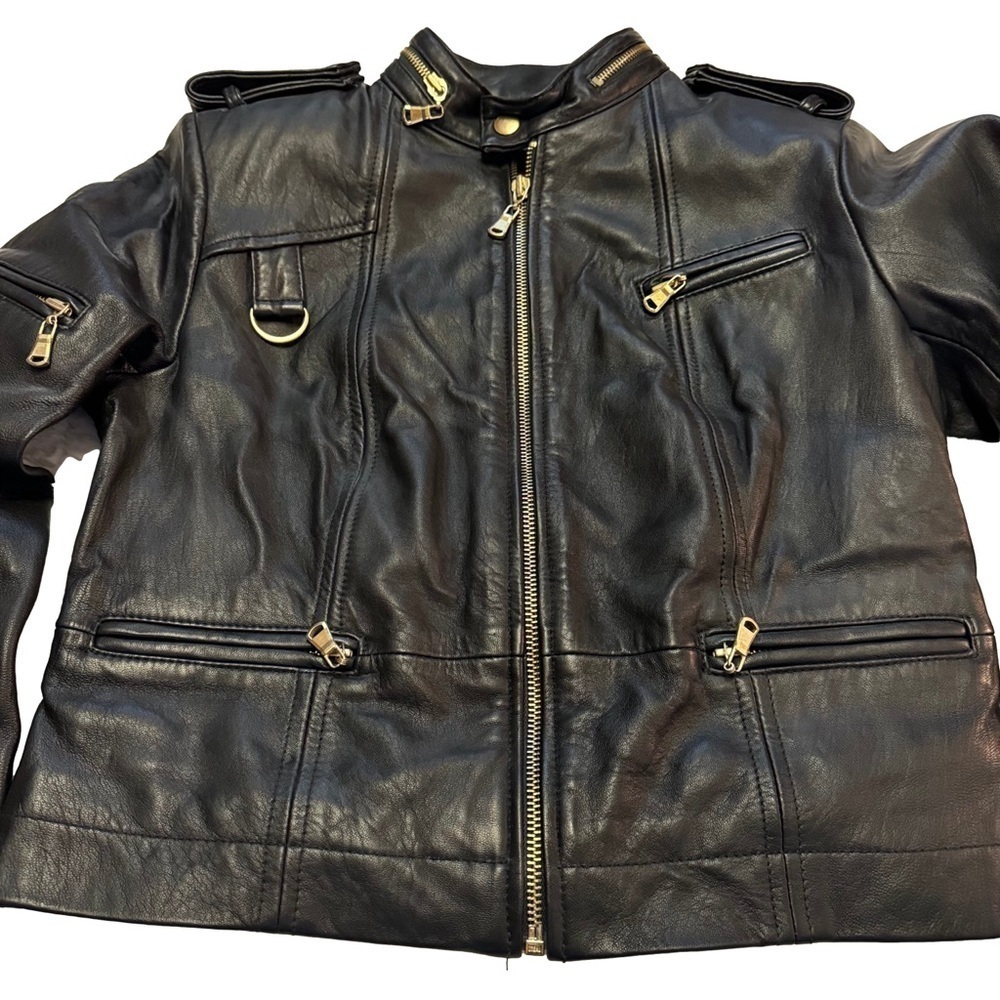 GILI Leather Black Moto Jacket Coat Size 4 Gold Hardware Pockets Zippers NEW - Picture 7 of 16